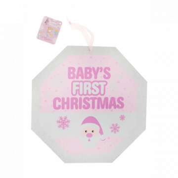 Placuta decorativa roz cu sclipici Baby's first Christmas