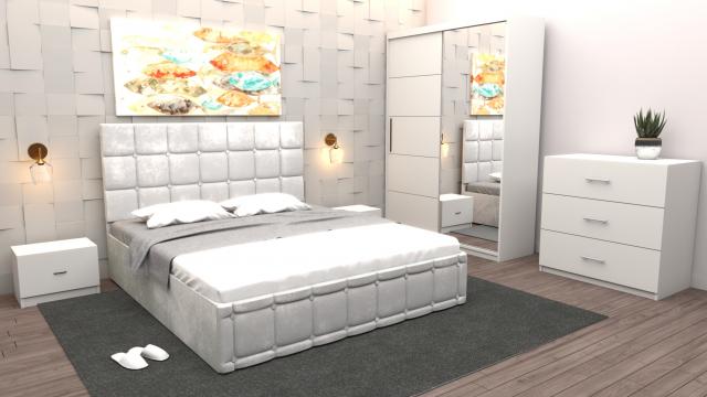 Dormitor Regal cu pat tapitat alb stofa cu dulap usi