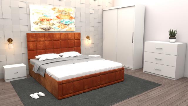 Dormitor Regal cu pat tapitat caramiziu stofa cu dulap de la Wizmag Distribution Srl