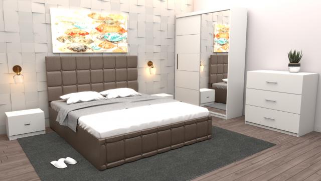 Dormitor Regal cu pat tapitat maro imitatie piele cu dulap