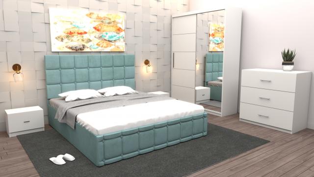 Dormitor Regal cu pat tapitat turcoaz stofa cu dulap de la Wizmag Distribution Srl