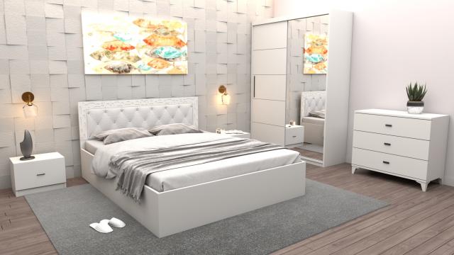 Set dormitor Maia alb pat 160 cm x 200 cm + noptiere + dulap de la Wizmag Distribution Srl