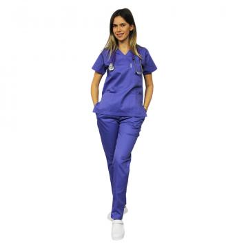 Costum medical mov, bluza cu anchior in V, trei buzunare de la Doctor In Uniforma Srl