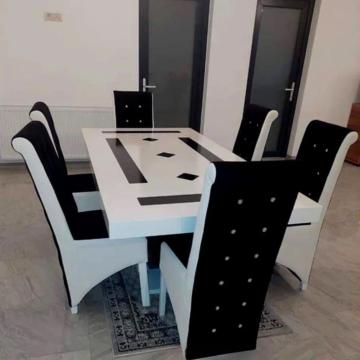 Masa bucatarie cu 6 scaune culoare alb cu negru