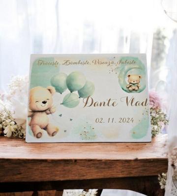 Cutie din lemn personalizata menta pastel cu ursulet