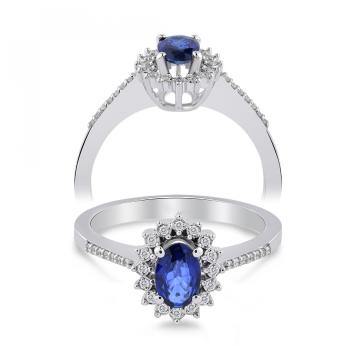 Inel din aur alb de 14k cu diamante de 0.07 carate si safir