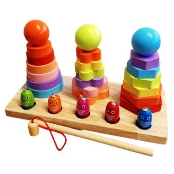 Joc din lemn 2 in 1, pescuit si turn de stivuit, Montessori