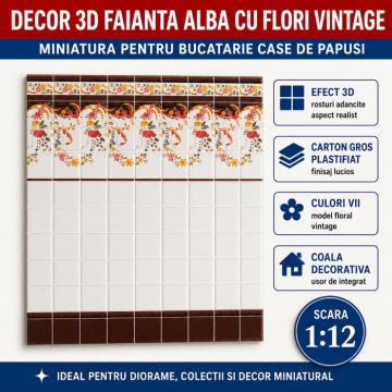 Miniatura Decor 3D faianta alba cu flori vintage 28,5 x 19cm