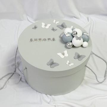 Cutie rotunda trusou personalizata handmade Fluturi gri de la Milan Handmade Srl