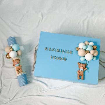 Set lumanare botez si cutie trusou dreptunghi personalizata de la Milan Handmade Srl