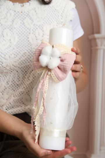 Lumanare botez A40 - Funda Muselina Couture - Roz-Vintage